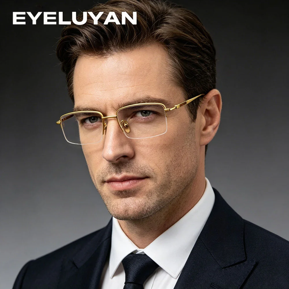 EYELUYAN High-end Titanium and Rare Natural Stones Eyewear Business Style Half Frame Progressive Prescription Glasses
