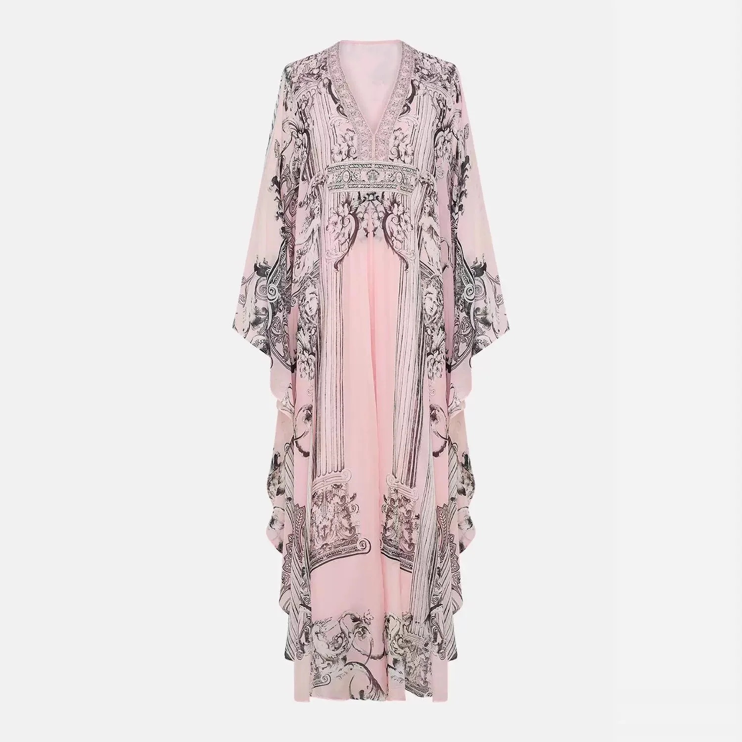 

Women Silk Maxi Dress Printed V-Neck Batwing Sleeve Loose Ladies Robe
