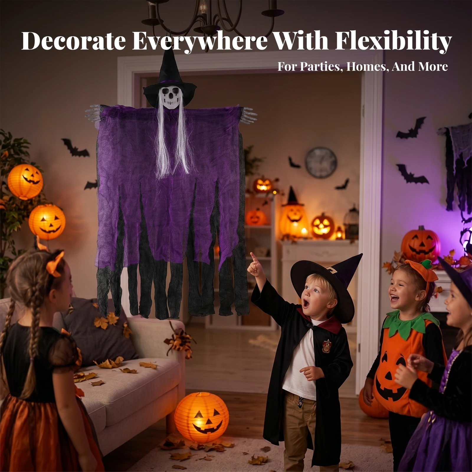 Hanging Witch Skeleton Decoration Pointed Hat Tattered Witch Wall Hanging Ragged Robe Black Underlayer