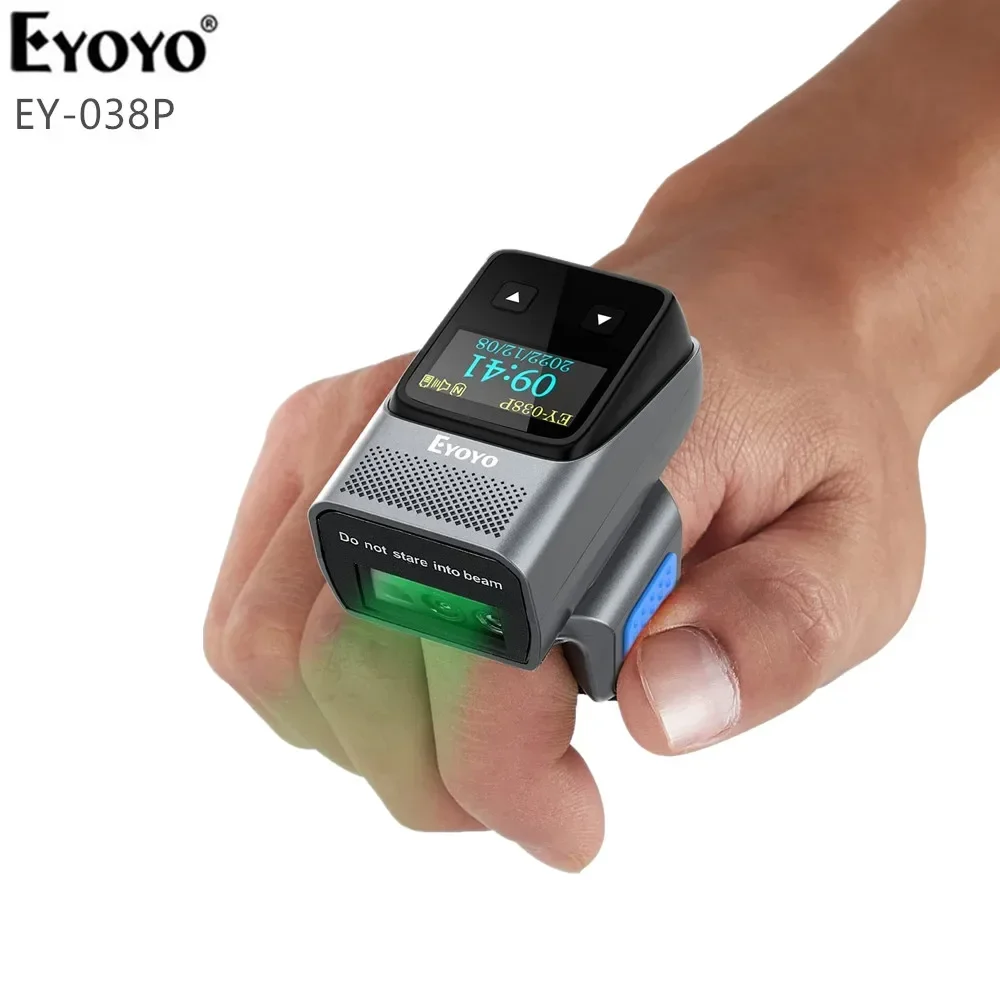 Eyoyo Wearable Ring Barcode Scanner with Display Mini 2D QR Bluetooth Wireless Finger Bar Code Scanner Reader Inventory