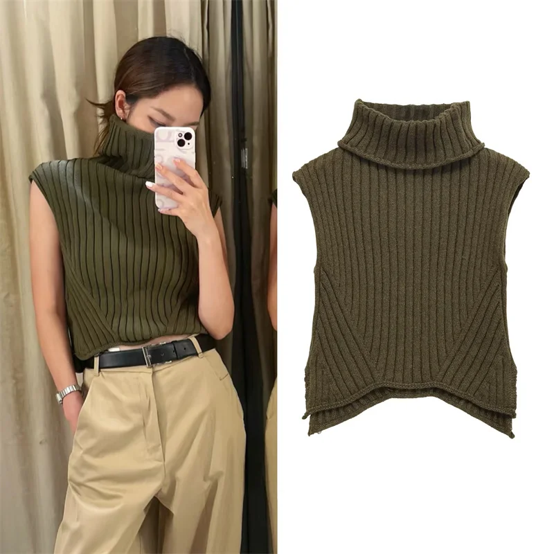 

2025 Women's New Top Autumn Style Military Green Sleeveless High Neck Design Knitted Vest Casual Fashion Personality