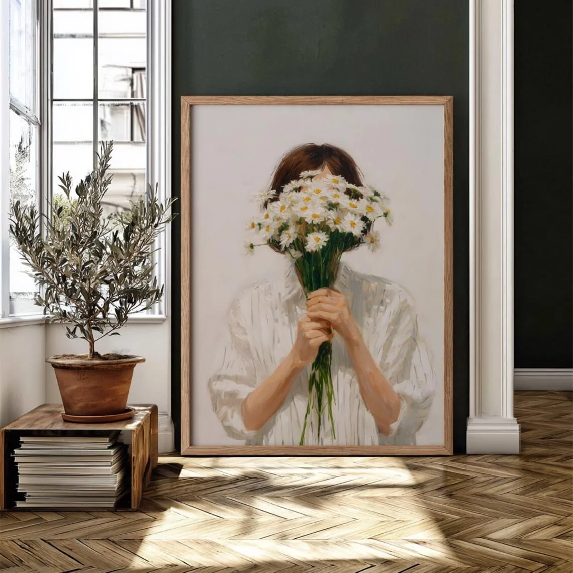 Serene Blumenporträt-Wanddekoration - Moderne Ölgemälde-Illustration einer Frau mit einem großen Strauß weißer Gänseblümchen