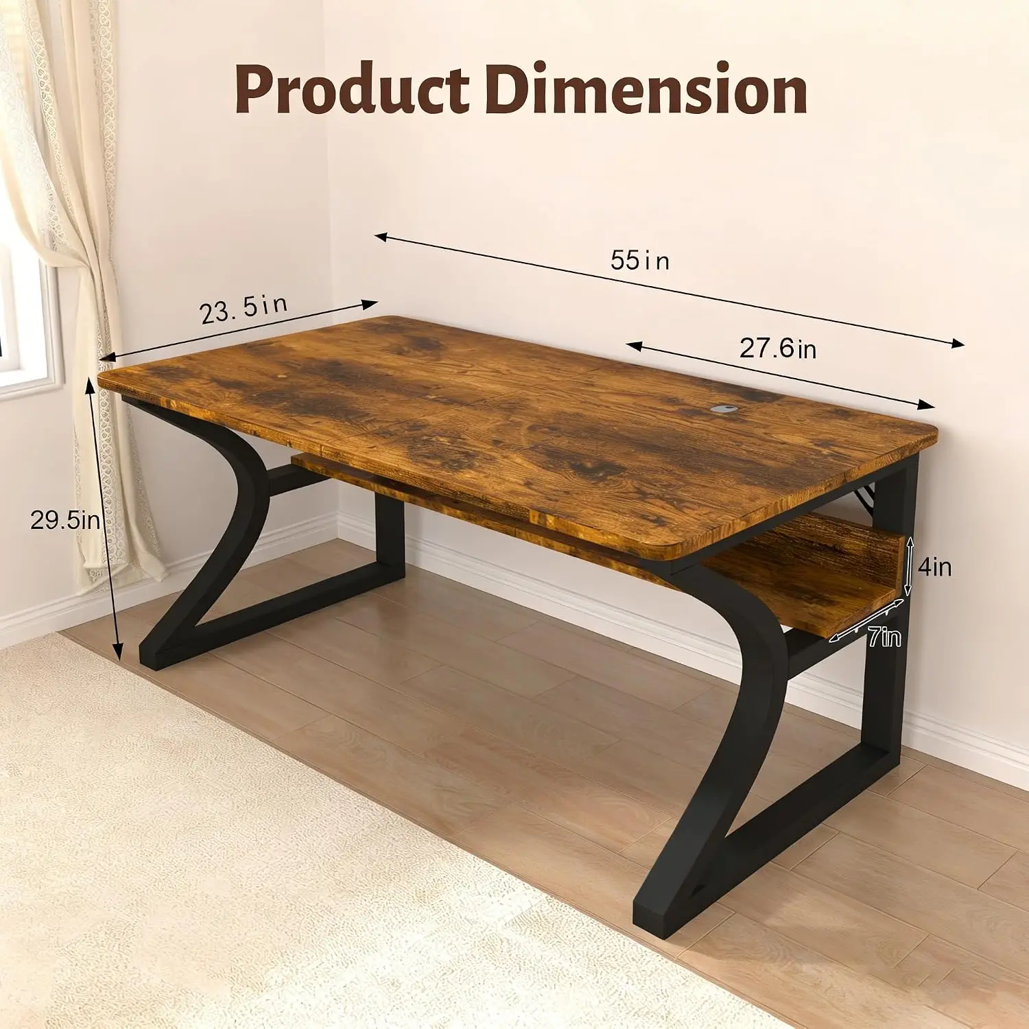 55 Inch Computer Desk with Storage Shelf Stable C-Shaped Legs Spacious Desktop for Home Office Gaming & Study, Customized