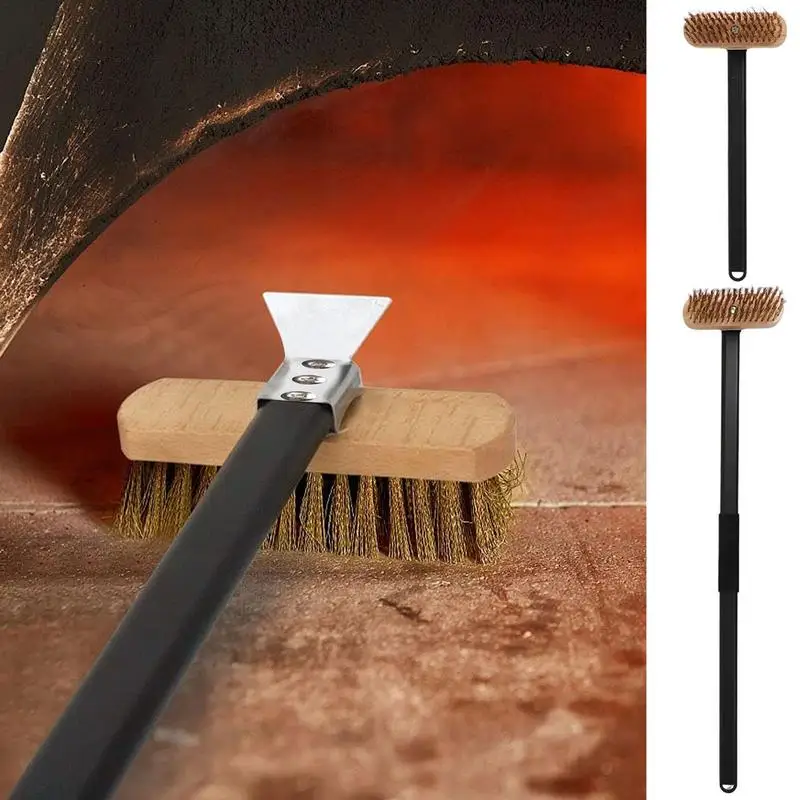 Pizza Oven Brush Durable Aluminium Non-Scratch Brass Bristles Leaning & Scraper Tool Long/Short Handle Options Kitchen Accessory