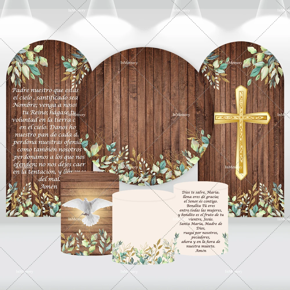 Baptism Round Backdrop Wood Leaves My First Communion Photo Background Golden Cross God Bless Arch Wall Background Decoration