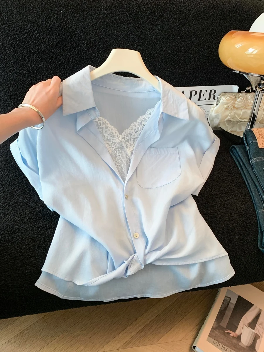 

Elegant Blue Short Sleeve Shirt Women's Summer New Style Cute Lace Patchwork Collar Top Fashionable Business Casual