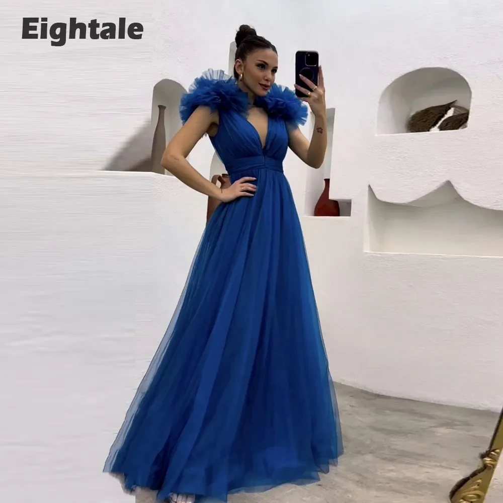 

Eightale Elegnat Blue Prom Dress V-Neck Tulle A-Line Floor Length Celebrity Graduation Party Evening Gown vestidos de noche