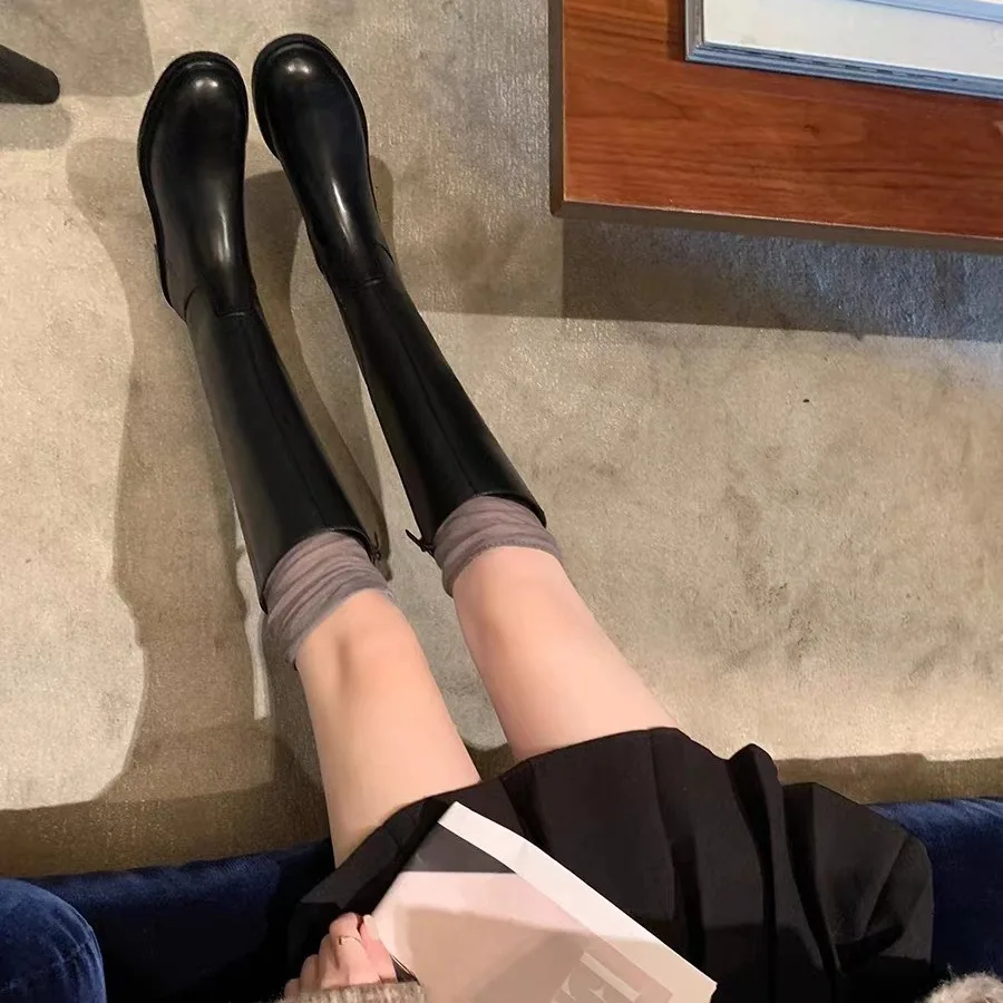 

Женские высокие сапоги, осень/зима 2023, новый стиль, простые женские высокие длинные рыцарские сапоги с круглой головкой и боковой молнией