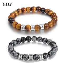 Personalized Stainless Steel Beaded Name Engravd Bracelets Custom Tiger Eye Stone Bracelets Gifts for Men Him Fathers Day Gift