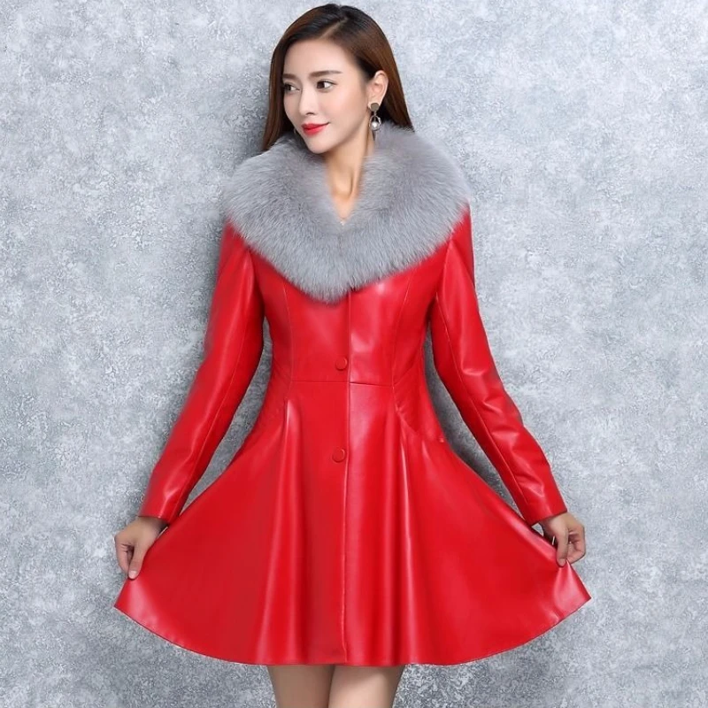 

​Women's Mid Length Winter Jacket Synthetic Fox Fur Collar PU Coat with Detachable Hood Thermal Insulation​