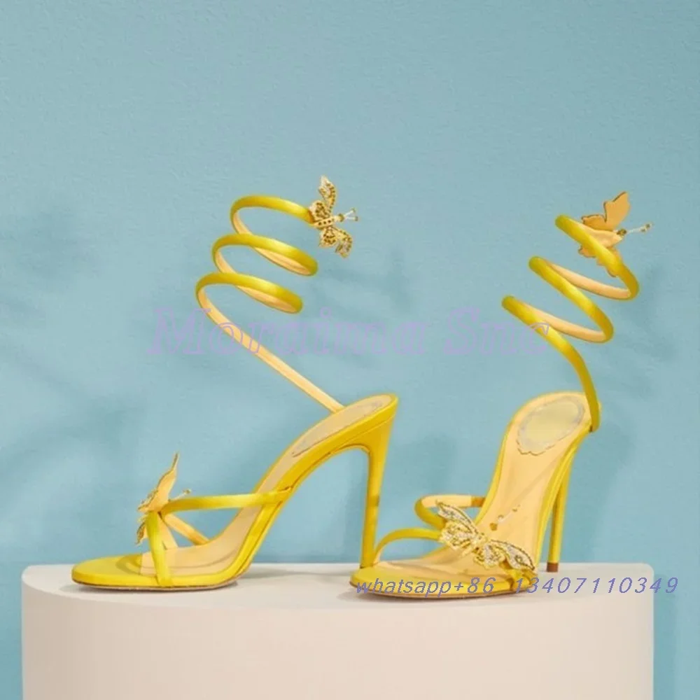 

Sexy Butterfly Flower Crystal Sandals Stiletto High Heel Round Open Toe Wrapped Fashion Women's Sandals Summer Shoes Banquet New