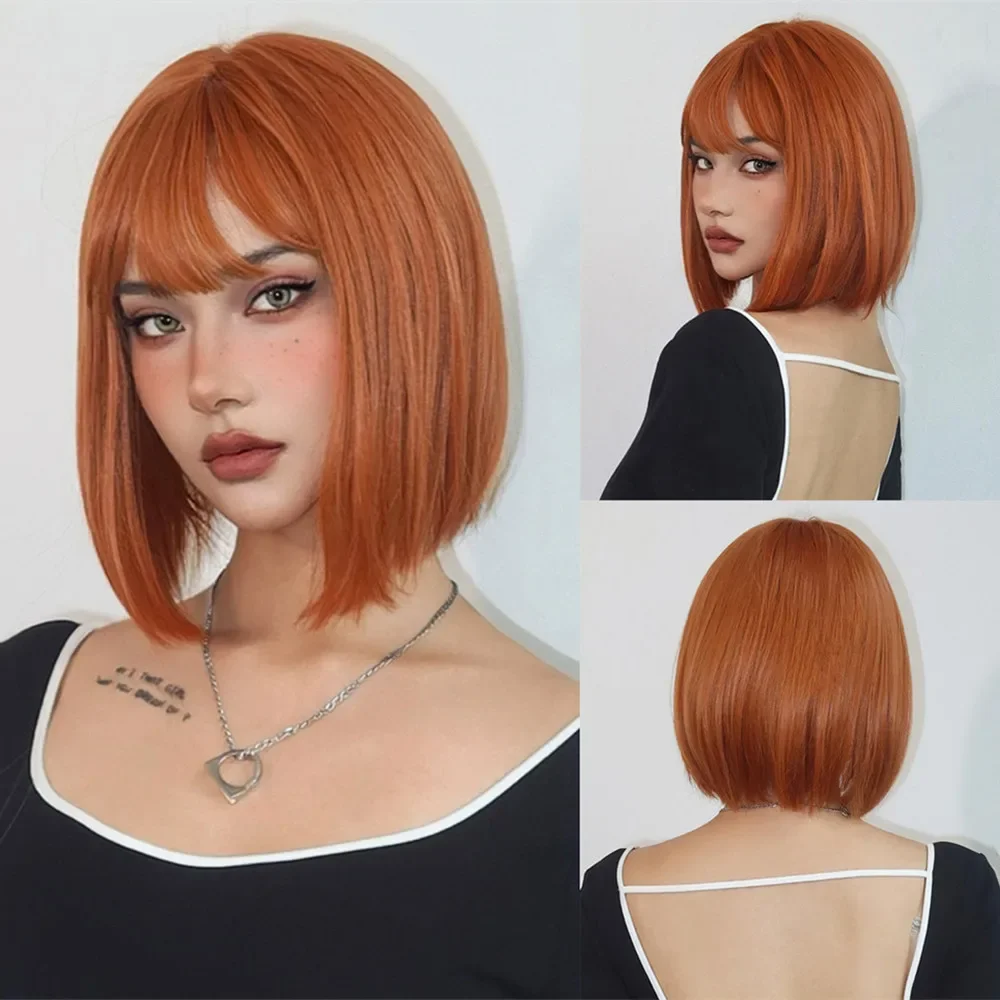 Orange Holiday with Bangs Short Bob Synthetic Hair Orange Cosplay Party Women Straight High Temperature Wigs