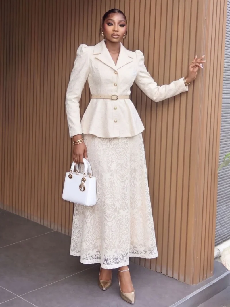 Elegant Embroidery Lace 2 Piece Sets Women Outfit Autumn Clothing Women 2026 Blazer Top Long Skirt Suit OL Style 2pcs Dress Sets