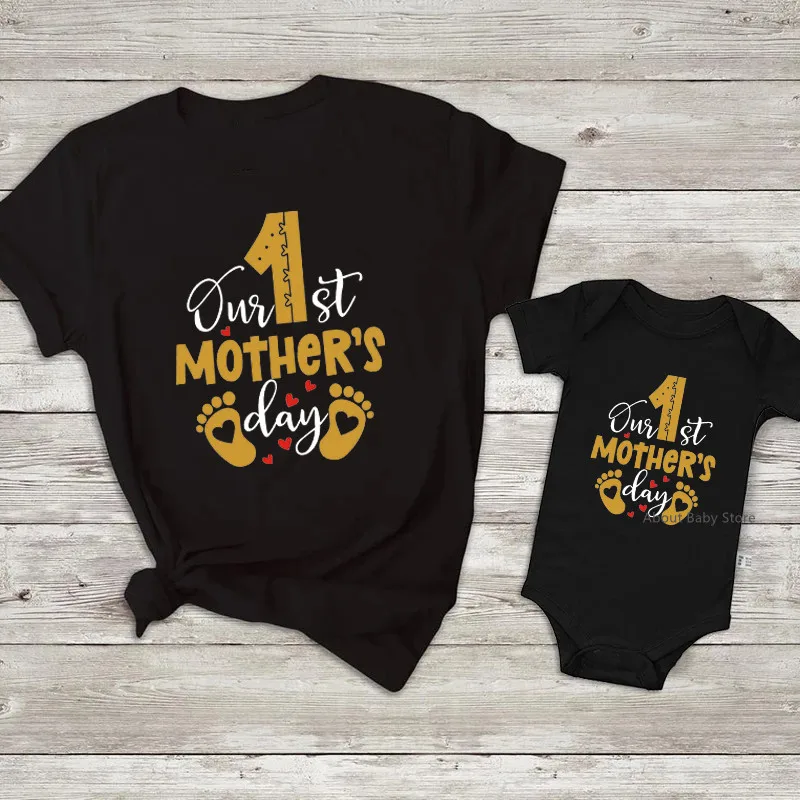 New Our First Mother's Day 2024 Family Matching Shirts Cotton Family Look Mother Tees Tops Baby Rompers Outfits New Mom Gifts