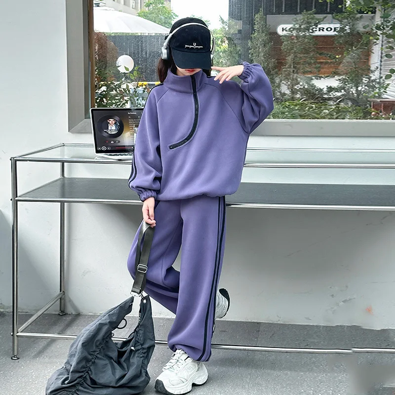 الأطفال الفتيات 2 قطعة دعوى الخريف الياقة المدورة البلوز مرونة الخصر Sweatpant 4-14Y الفتيات مجموعات مخطط مدرسة بنات رياضية