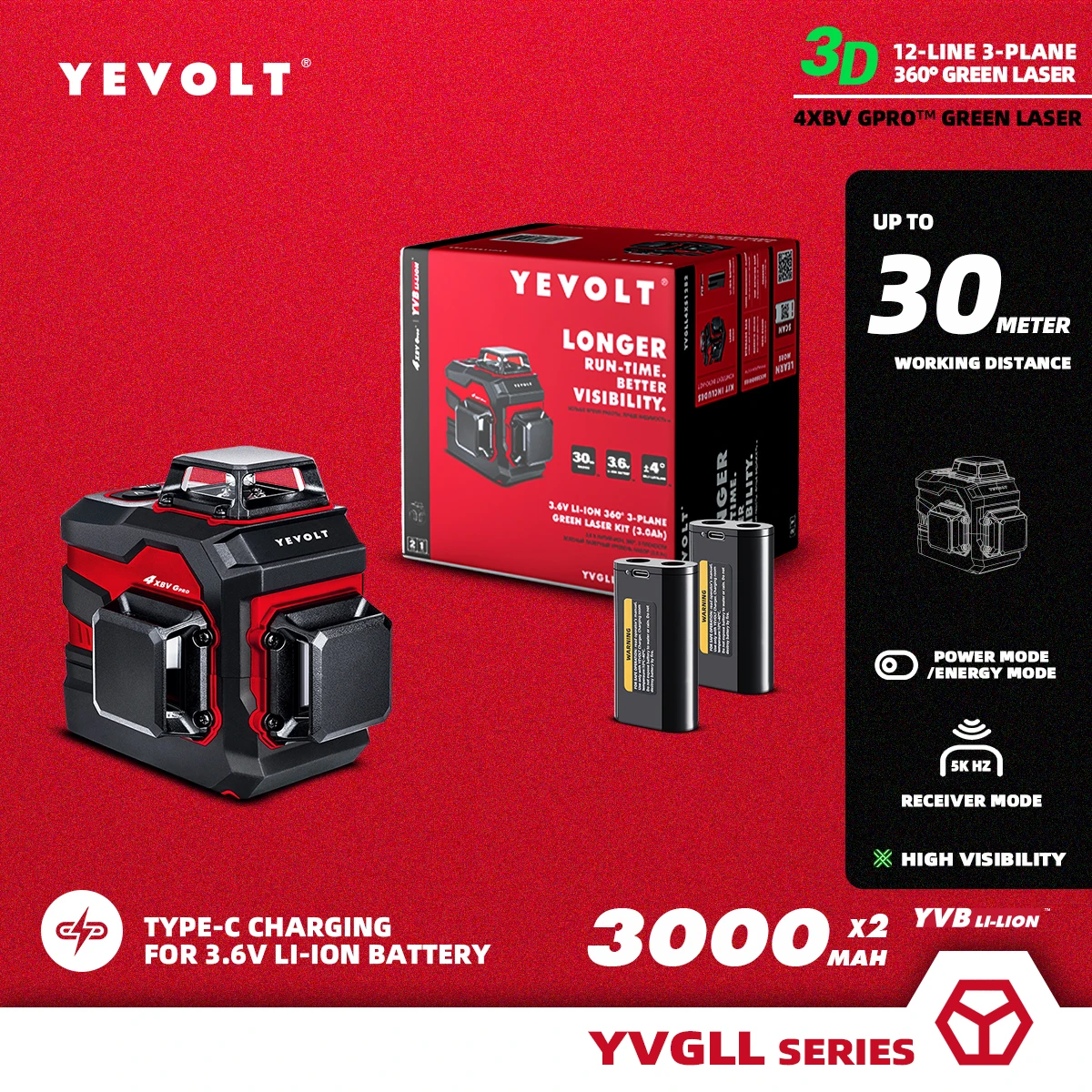 

YEVOLT YVGLL4XS12DP 3-Plane Green Laser Level with 3000mAh Li-ion 360 12-Line 3D Self-Leveling Measuring Tools Machine