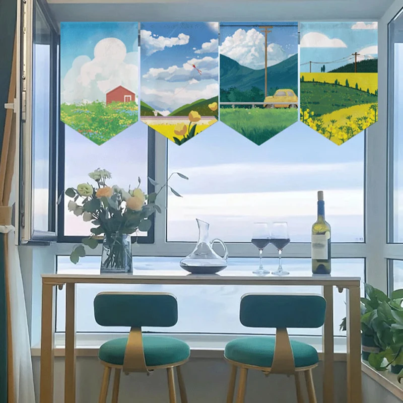 Pastoral Style Hanging Curtain Landscape Scenery Short Curtain  Restaurant Doorway Triangle Flag Kitchen Noren Flag Partition
