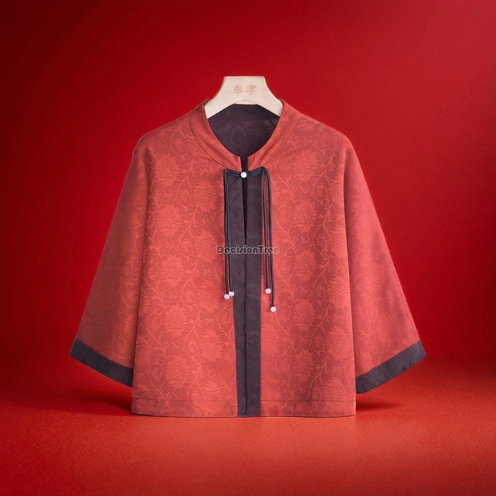 بلوزة نسائية تقليدية على الطراز الصيني الجديد لعام 2025 على الوجهين من قماش الجاكار فضفاضة بنمط نصف كم معطف نسائي يومي عتيق t001