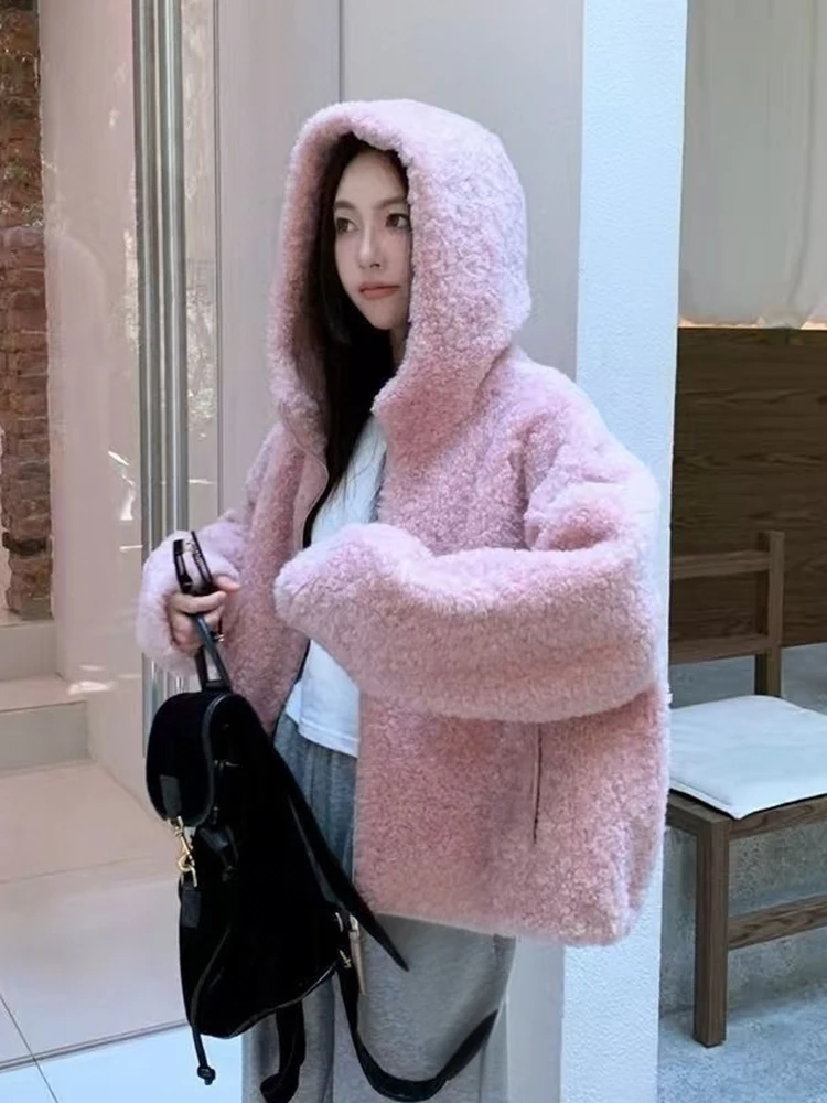 Pink Sweet Faux Lamb Coat Women Cute Loose Long Sleeve Preppy Style Kawaii Jacket Tops Fall Winter Fashion Hooded Outwear New