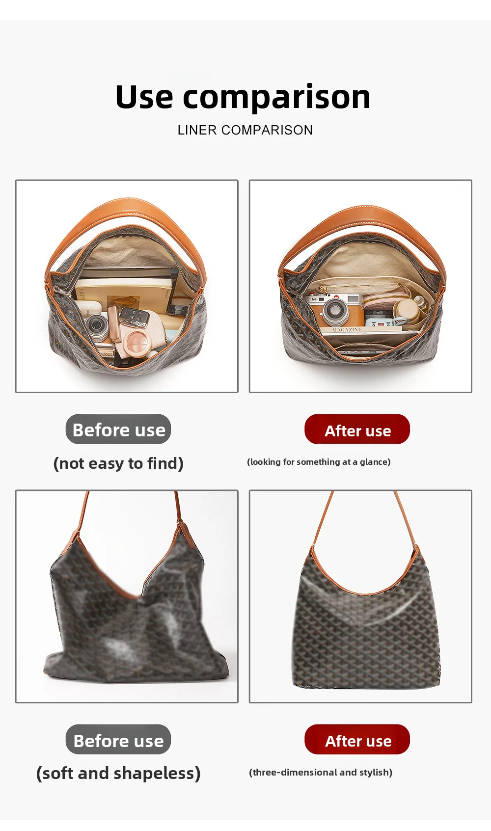 Dupont Paper For Bohe Hobo Bag Organizer Insert Durable Wateproof Bag Support Orderly Storage Inner Liner Neat Bag Accessories