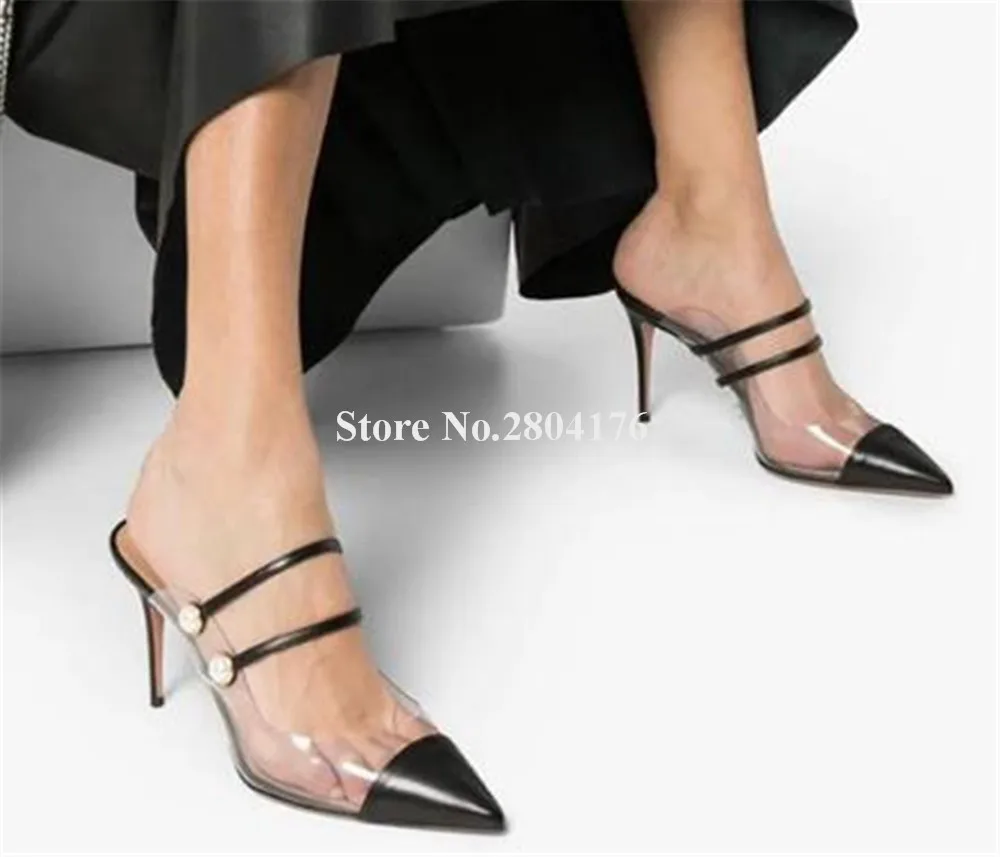 

Clear PVC Patchwork Stiletto Heel Pumps Black Pointed Toe Pearls Buckles Decorated Thin Heel Dress Shoes Wedding Heels