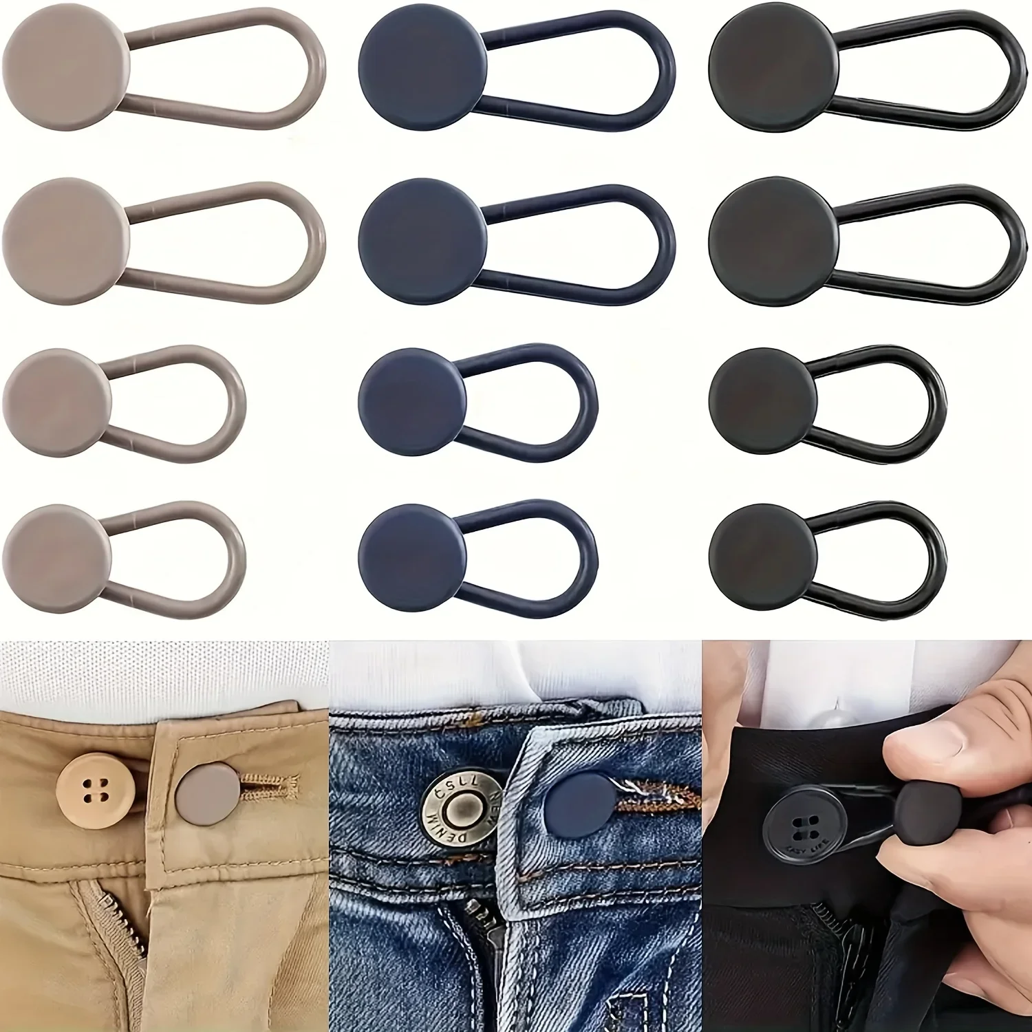 Extensores de Cintura para Jeans Sin Costuras Easy-Adjust (Paquete de 4/12) - Botones Ajustables para Pantalones que Añaden 1-1.7 Pulgadas, Unisex en Color Caqui/Azul/Negro