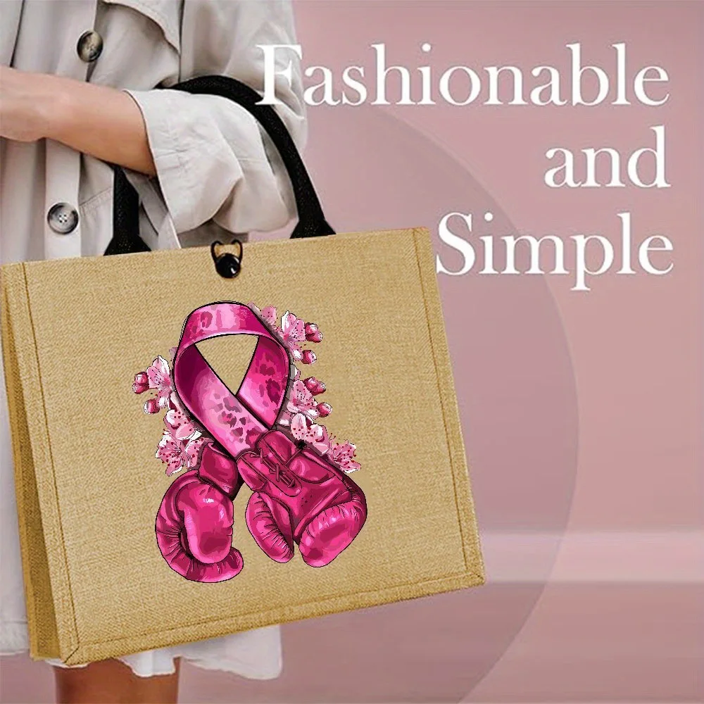 Pink Boxing Gloves Ribbon Floral Print Linen Tote Bag Breast Cancer Awareness Reusable Shopping Handbag Gift for Women