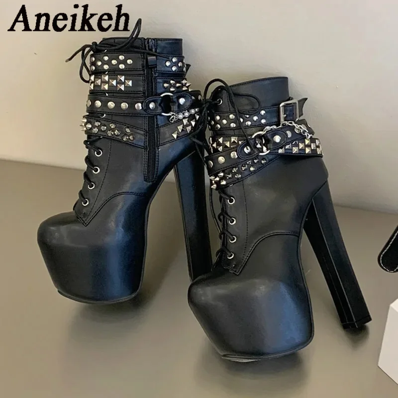Aneikeh Punk Platform Ankle Boots Chunky High Heels Boots Designer Silver Chain Belt Buckle Round Toe Nightclub Shoes
