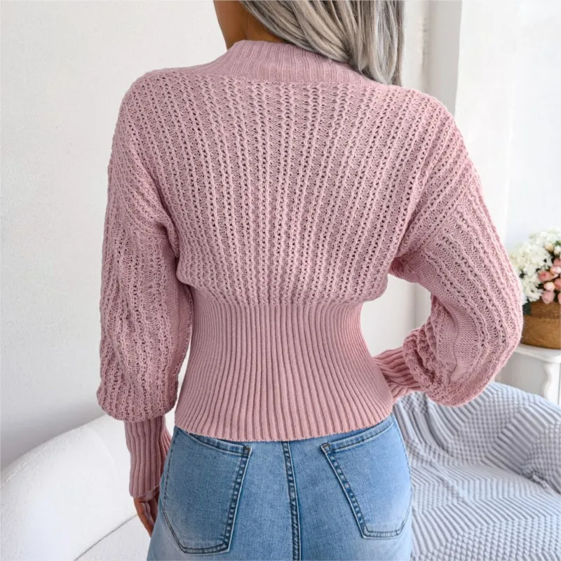 Women\'s Autumn Winter Hollow Out Knitted Blue Pink Sexy V-neck Long Sleeve Sweater Top Elegant Slim Solid Knitted Pullover Tops