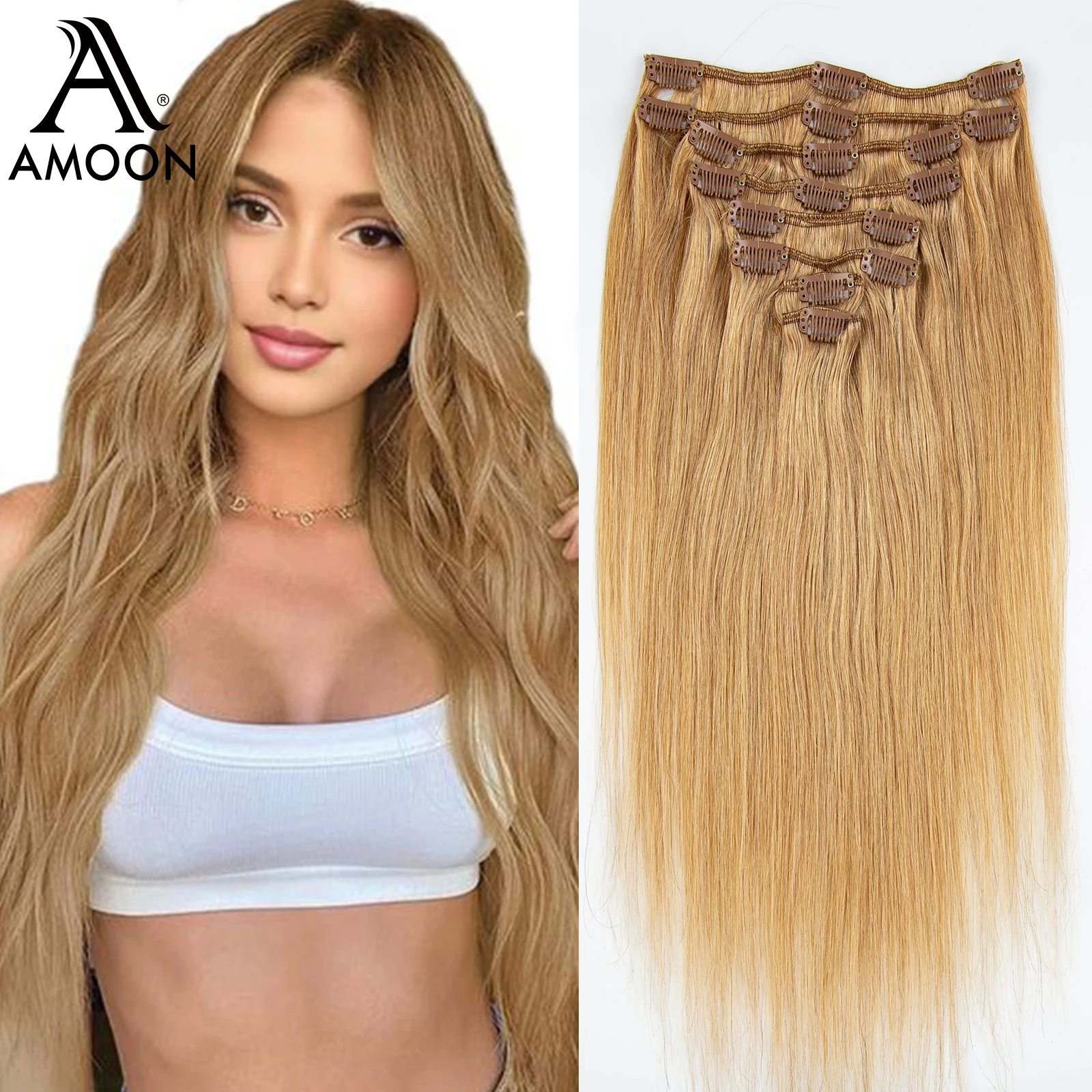 Amoon-Clipe Loiro Mel em Extensões de Cabelo, Cabelo Natural Real, Remy Straight Set, Cabelo Humano Brasileiro, 1B #, 8 Pcs