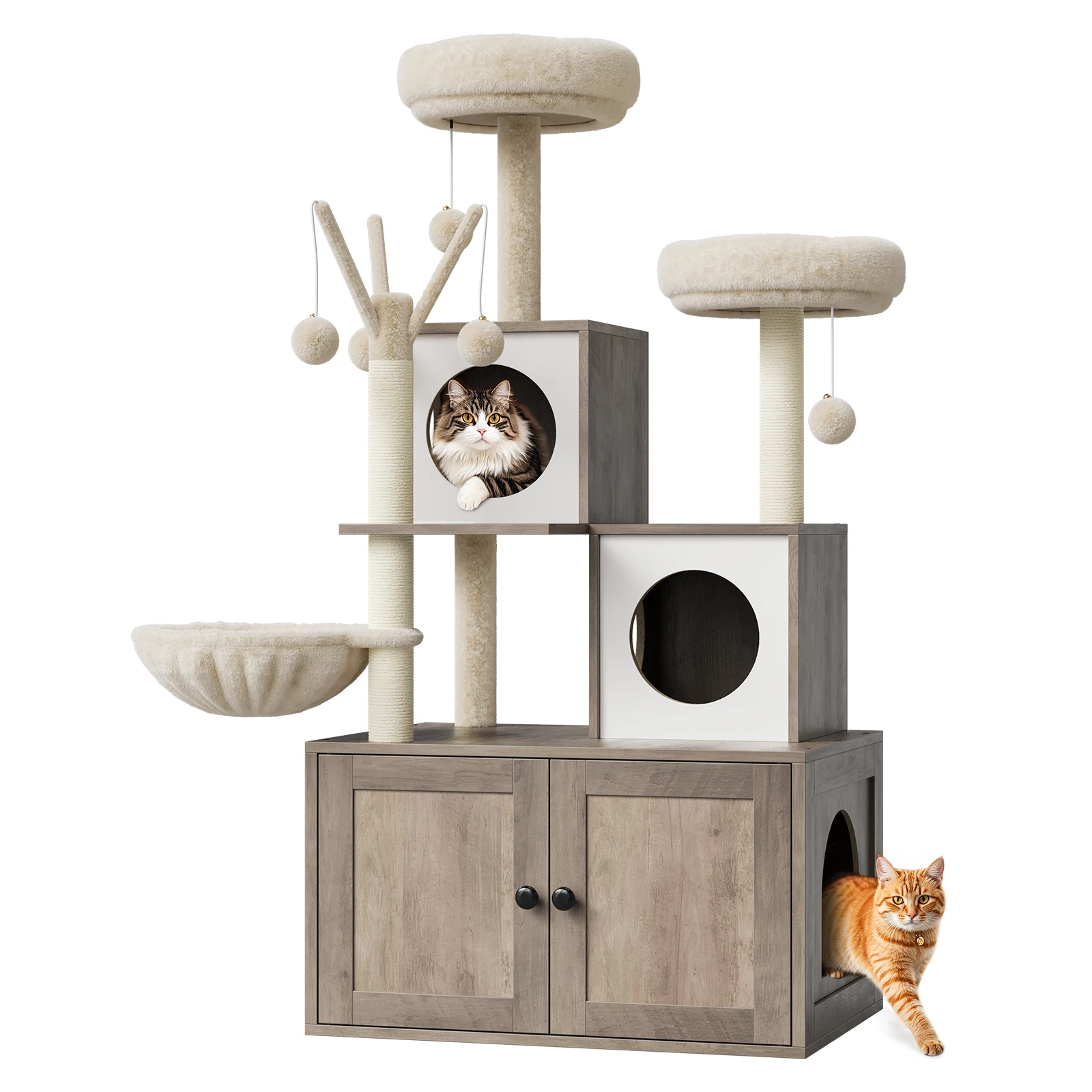 Recinto 2-in-1 per lettiera nascosta con torre per gatti, mobile moderno in legno per lettiera - Condo - Tiragraffi in sisal - Poggiatesta morbido - Piattaforme a più livelli