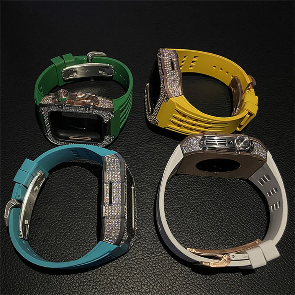 Luxury Titanium Full Bling Diamond Case + Rubber Strap AP Mod Kit for Apple Watch Series 9 8 7 6 5 4