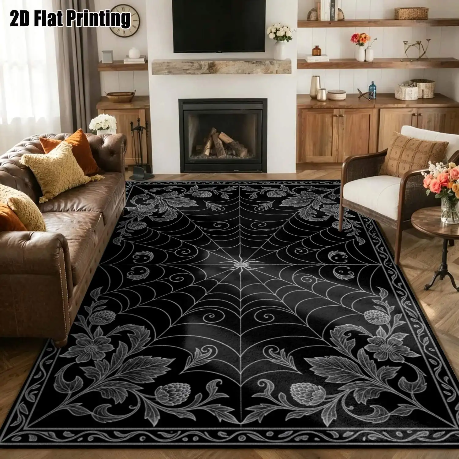 1Pc 2D Printed Carpet: Black Base, Silver-Grey Spider Flower & Vine Pattern, European Vintage Style, Geometric/Retro Floral/Line Art Multi-Size, Machine Washable, Ideal for Home Decor, Entryway/Dining Room/Foyer/Bedroom/Living Room.