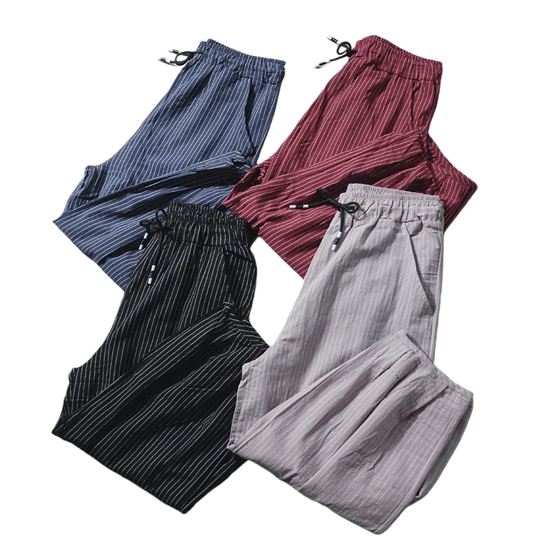 

Comfortable Linen Casual Pants Men's Jogger Cuffed Seven-Foot Length Breathable Summer Faion Loose Fit Country Sle Stripe...