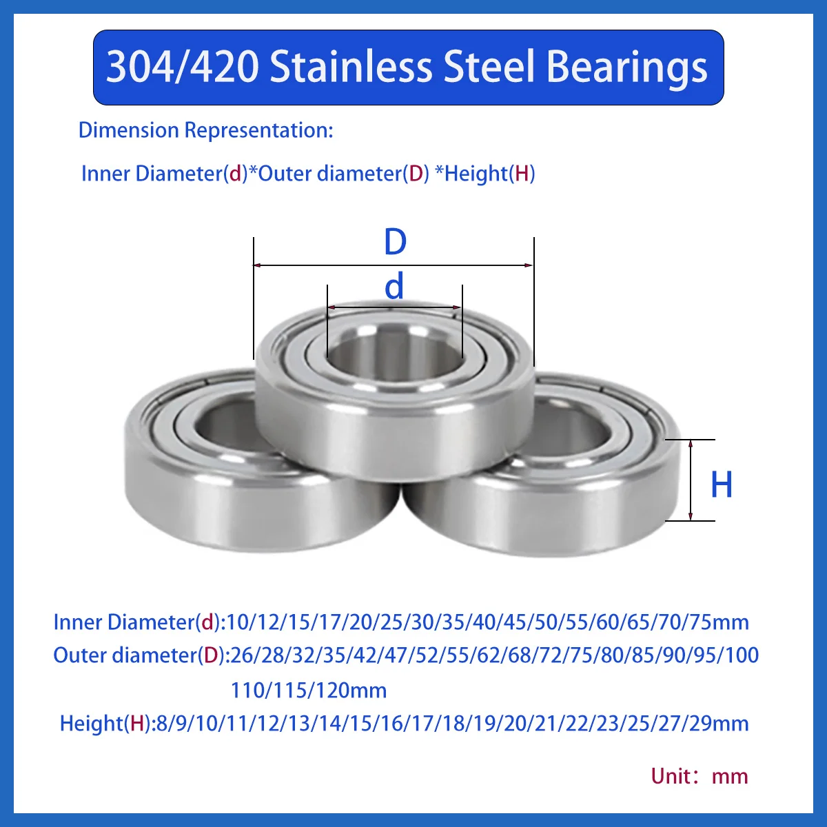 

304/420 Stainless Steel Bearings Anti-corrosion ID 10/12/15/17/20/25/30/35/40/45/50-75mm OD 26-120mm