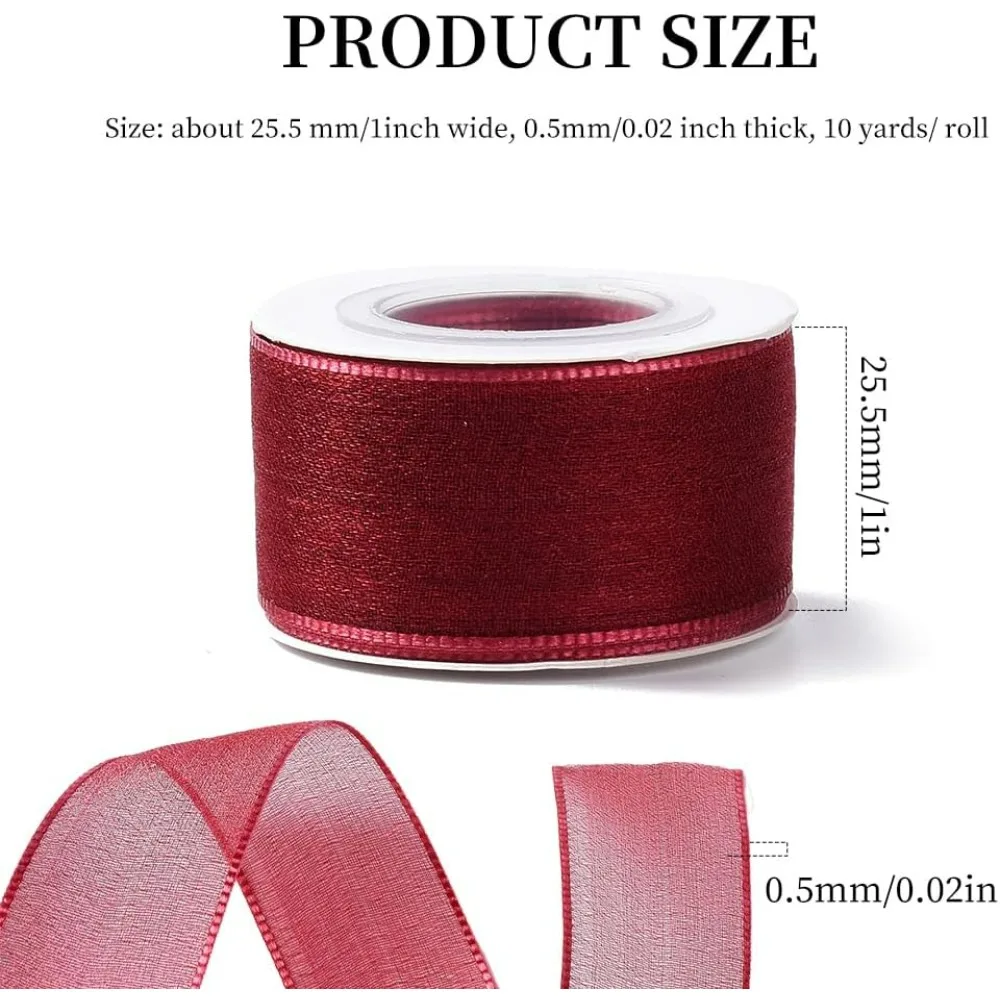 1 Inch Dark Red Organza Ribbon Christmas Sheer Mesh Ribbon Wired Silk Chiffon Transparent Clear Fabric Ribbons Bulk