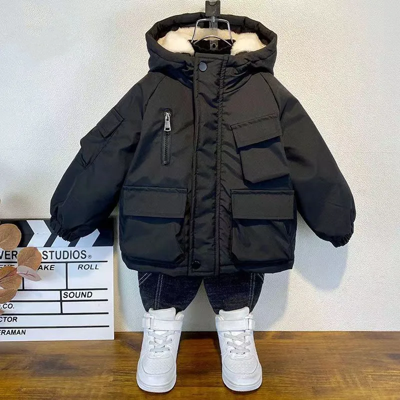 Kids Boys Plush Warm Jacket Hooded Casual Autumn And Winter Thick Cotton Jacket Children\'s Baby Clothing style Cotton Jacket