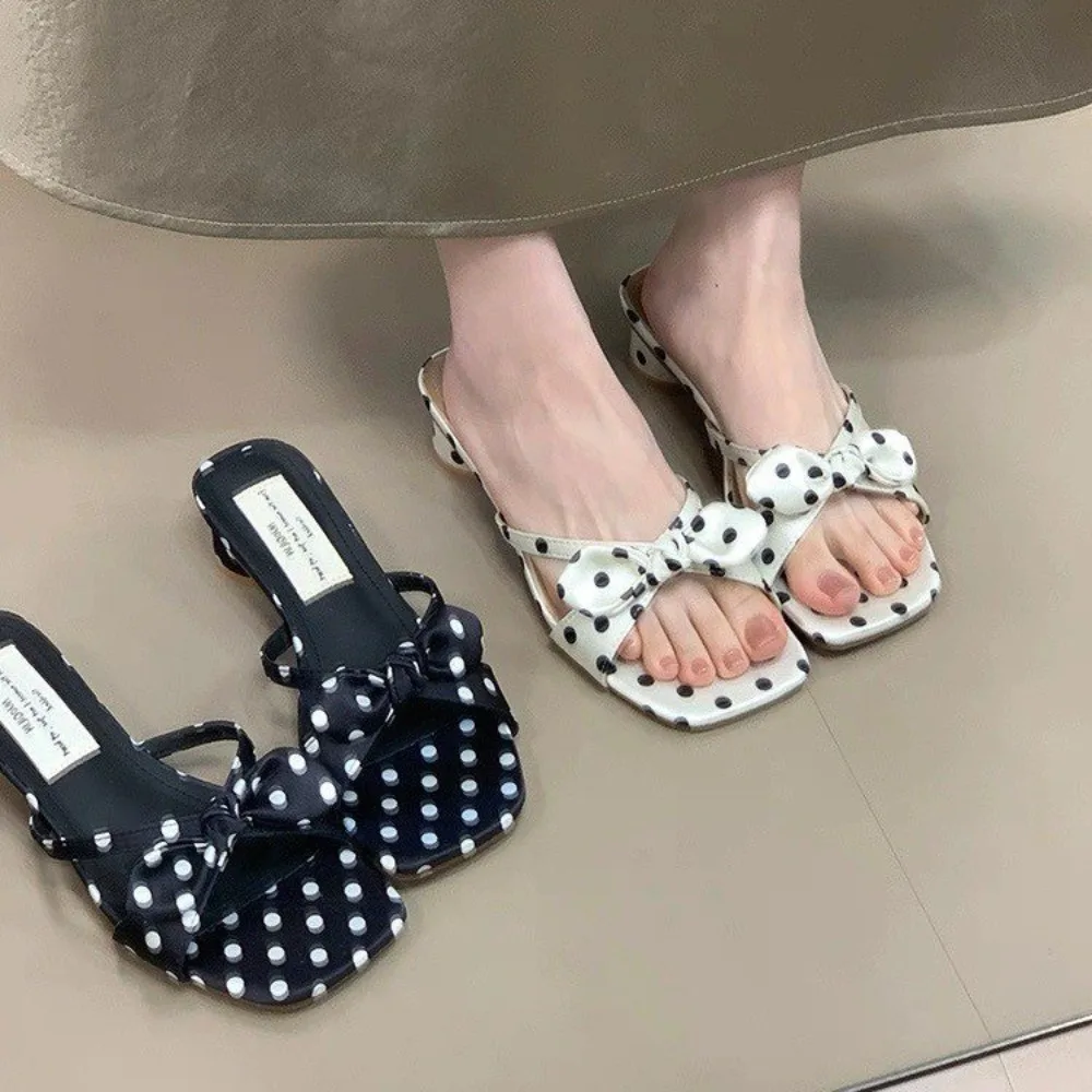 Sandales confortables à talon épais et nœud papillon à pois, style coréen, ambiance vacances élégante, plateforme plate, nouvelle collection été