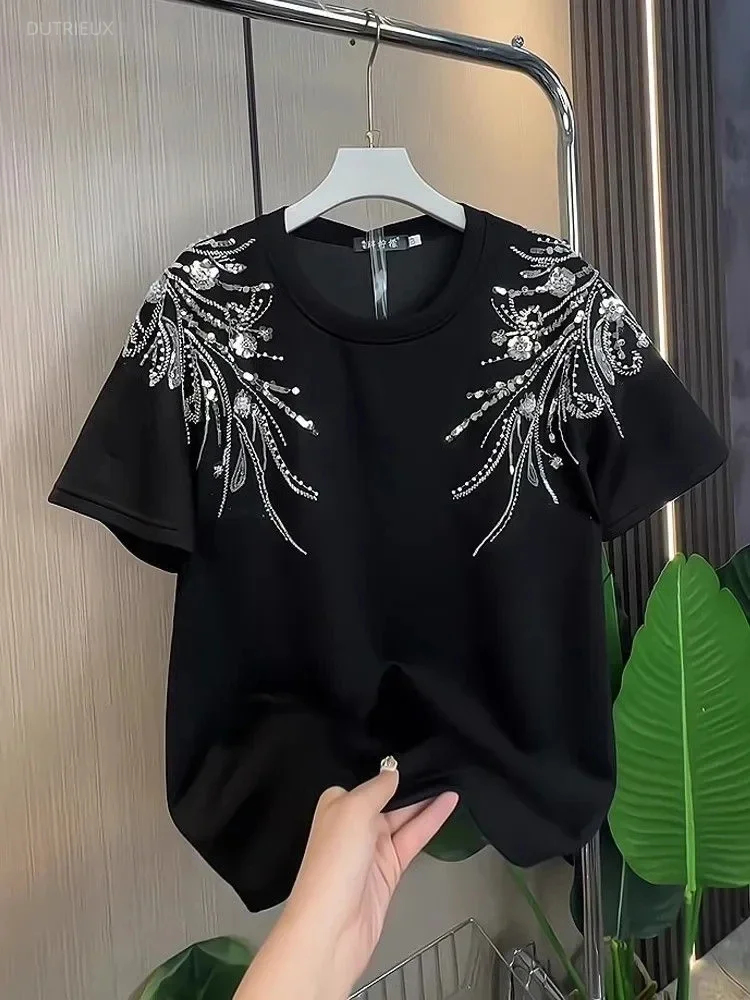 2026 Ropa Mujer White Tshirts For Women O-neck Short Sleeve Tees Fashion Sequin Diamond Camisetas Loose Casual Summer T-shirt
