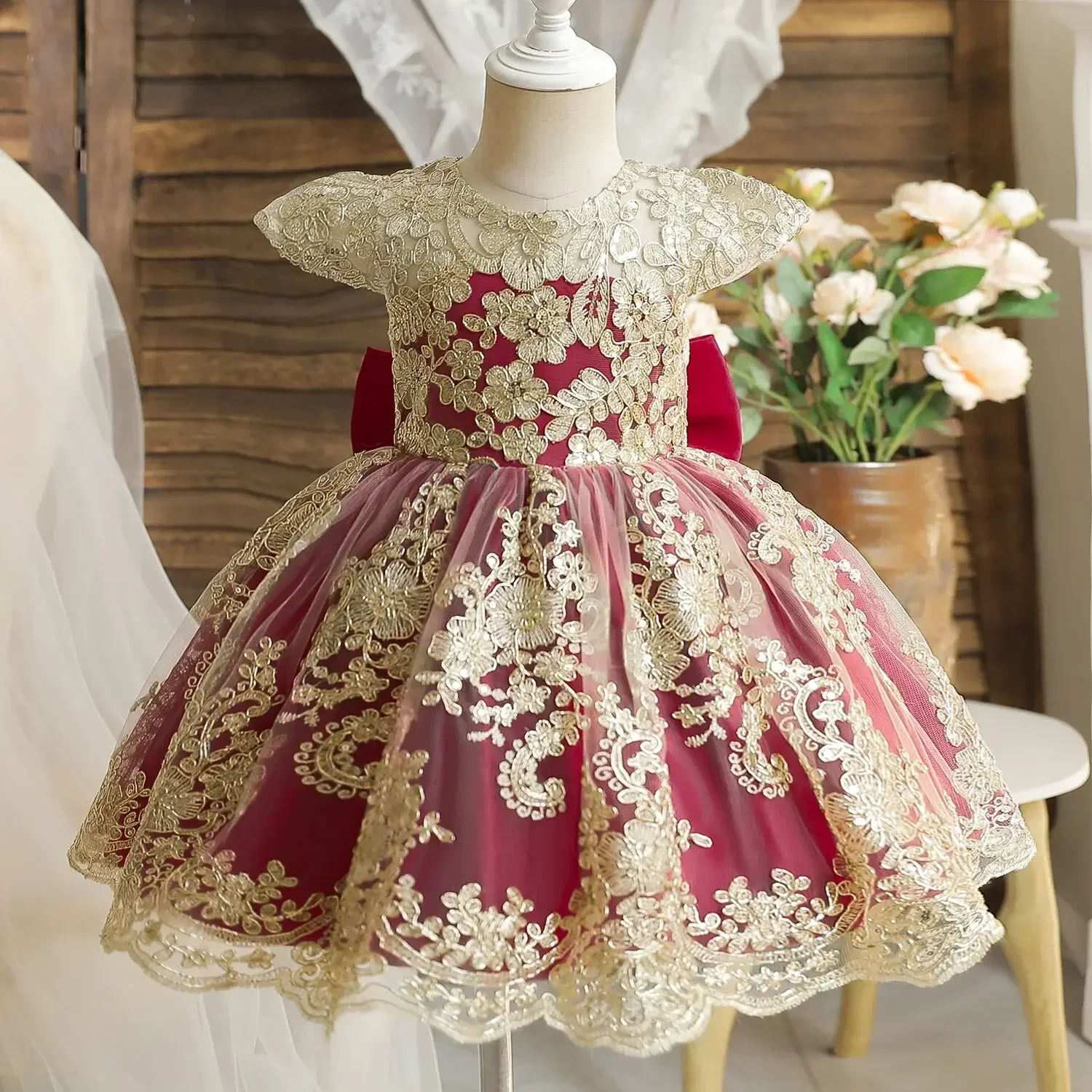 Baby Girl Christmas Dress Toddler Girl Wedding Baptism Tutu Gown Elegant Flower Lace Kids Birthday Dresses for Girls 1-5 Years