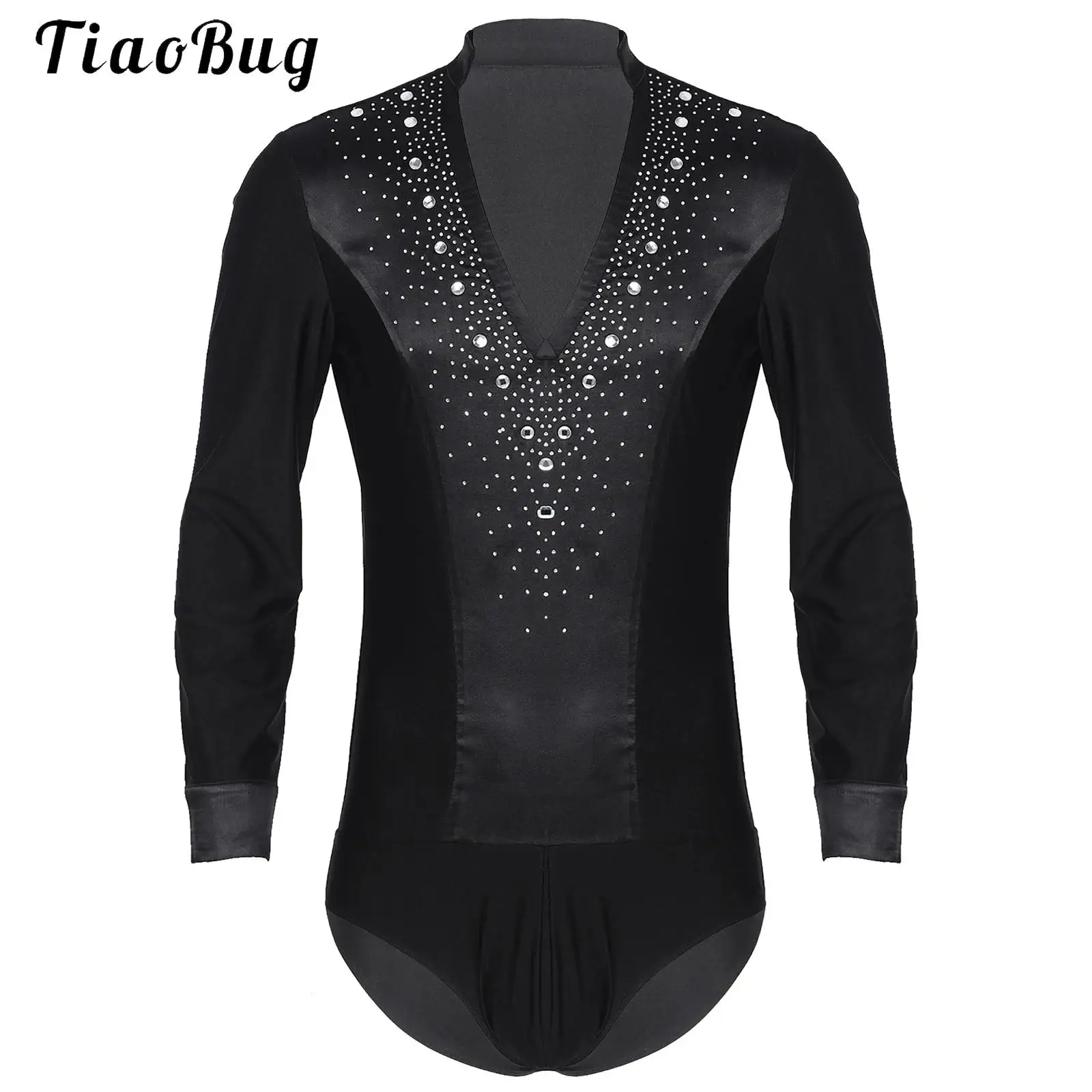 

Mens Gymnastics Figure Skating Leotard Ballroom Tango Rumba Latin Dance Shirts Top Rhinestones Performance Competition Dancewear