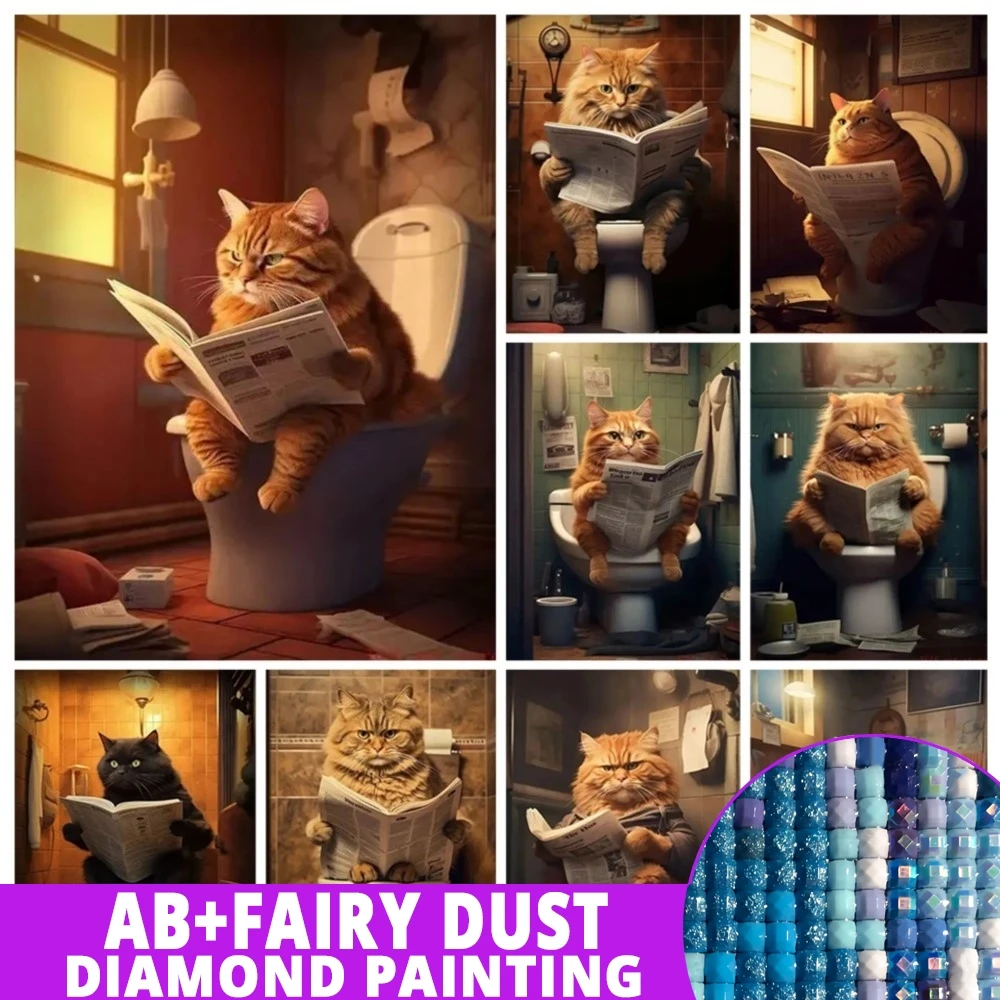AB Fairy Dust Cat Toilet Reading Newspapers Diamond Painting 5D Diy Mosaic Arts Rhinestone Embroidery Animals Wall Decor Gift