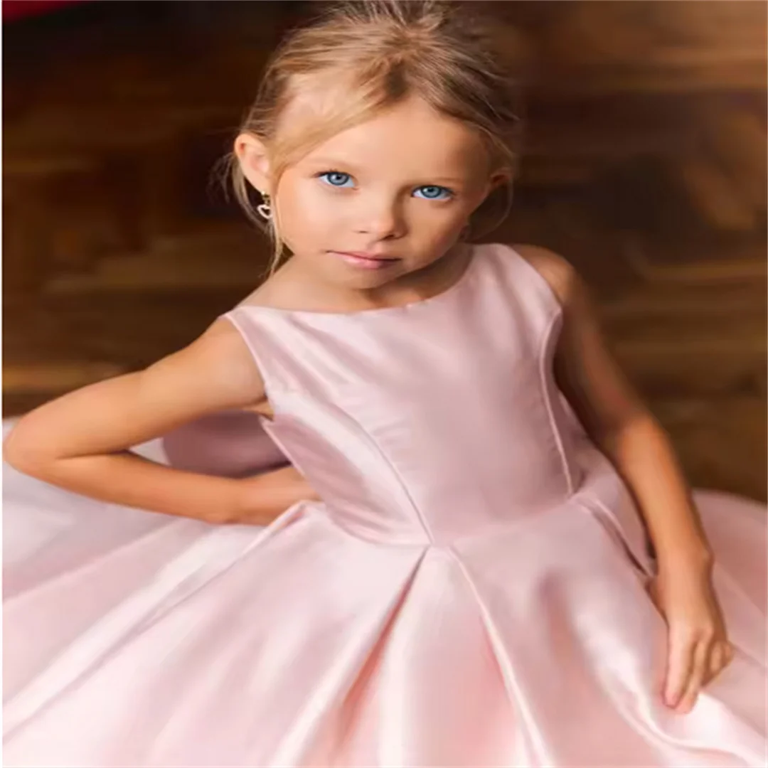 맞춤형 성찬식 블러쉬 핑크 플라워 걸 드레스 웨딩용 새틴 소녀 생일 파티 드레스 청소년용 바닥 길이 성찬식 드레스