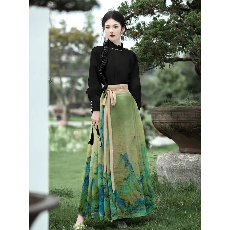 Firmranch Traditional Chinese Clothing Landscape Painting Horse Face Skirt Spring Summer Hanfu Outfit Set For Women Maxi Dress