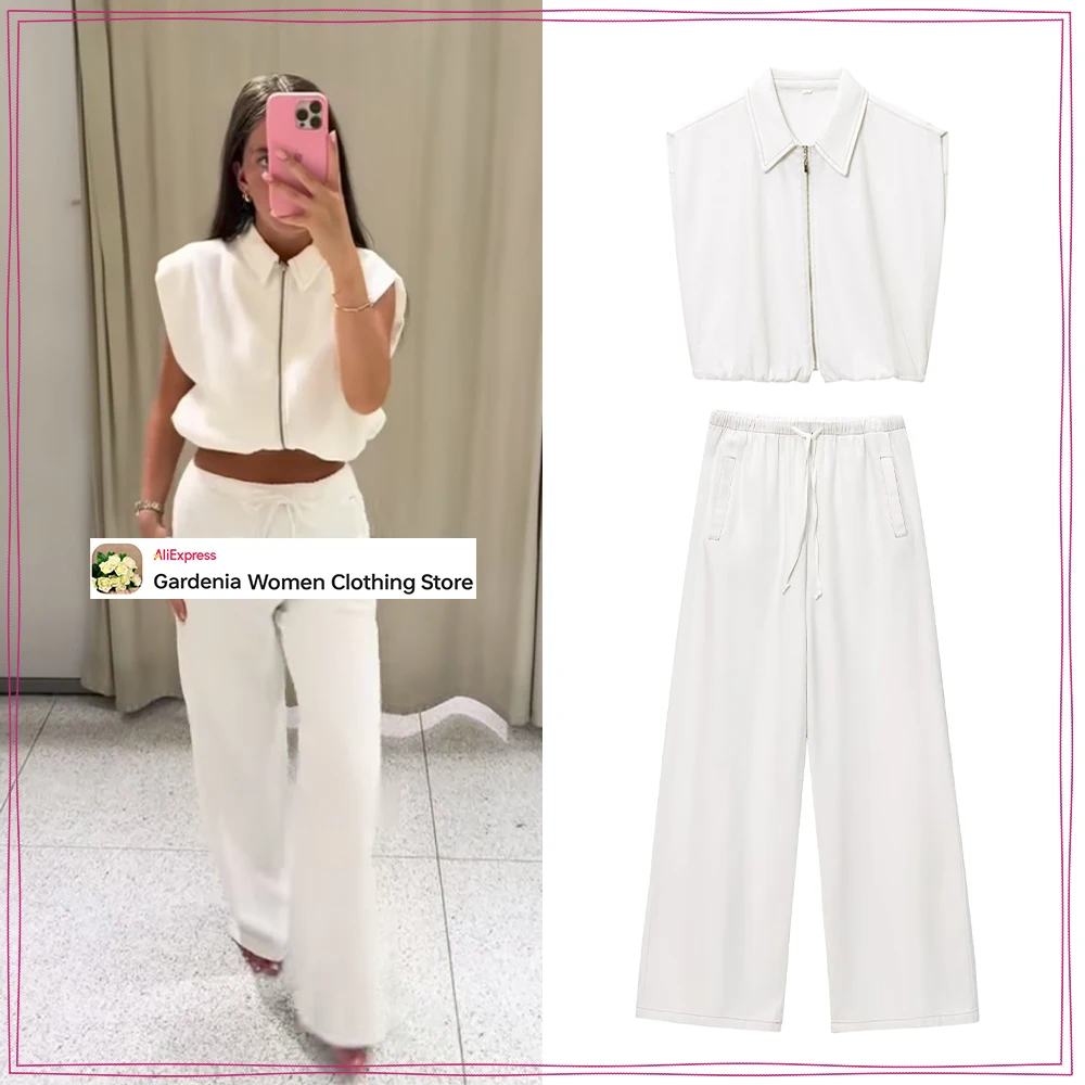 

High Street Ecru Pant Sets for Women Stylish 2 Piece Sets Lapel Collar Topstitching Elastic Hem Vest and Drawstring Jogger Pants