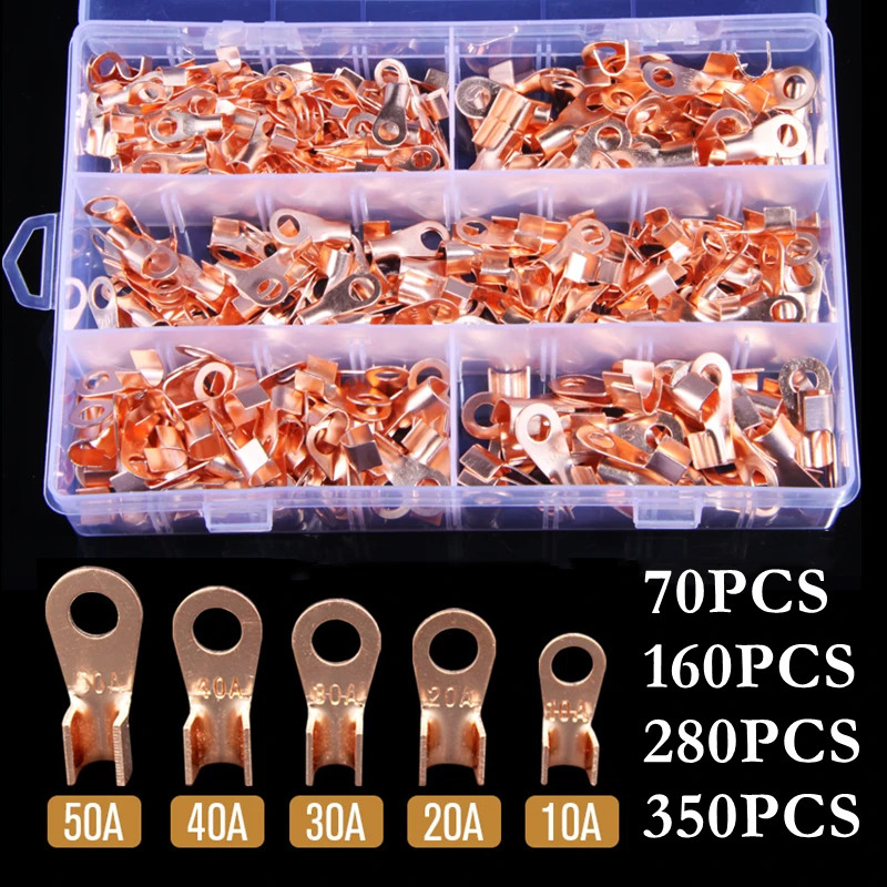 70/160/280/350PC OT Type 10A 20A 30A 40A 50A Copper Open Connecting Nose Cable Wire Terminal Connector Crimp Ring Sheet Terminal