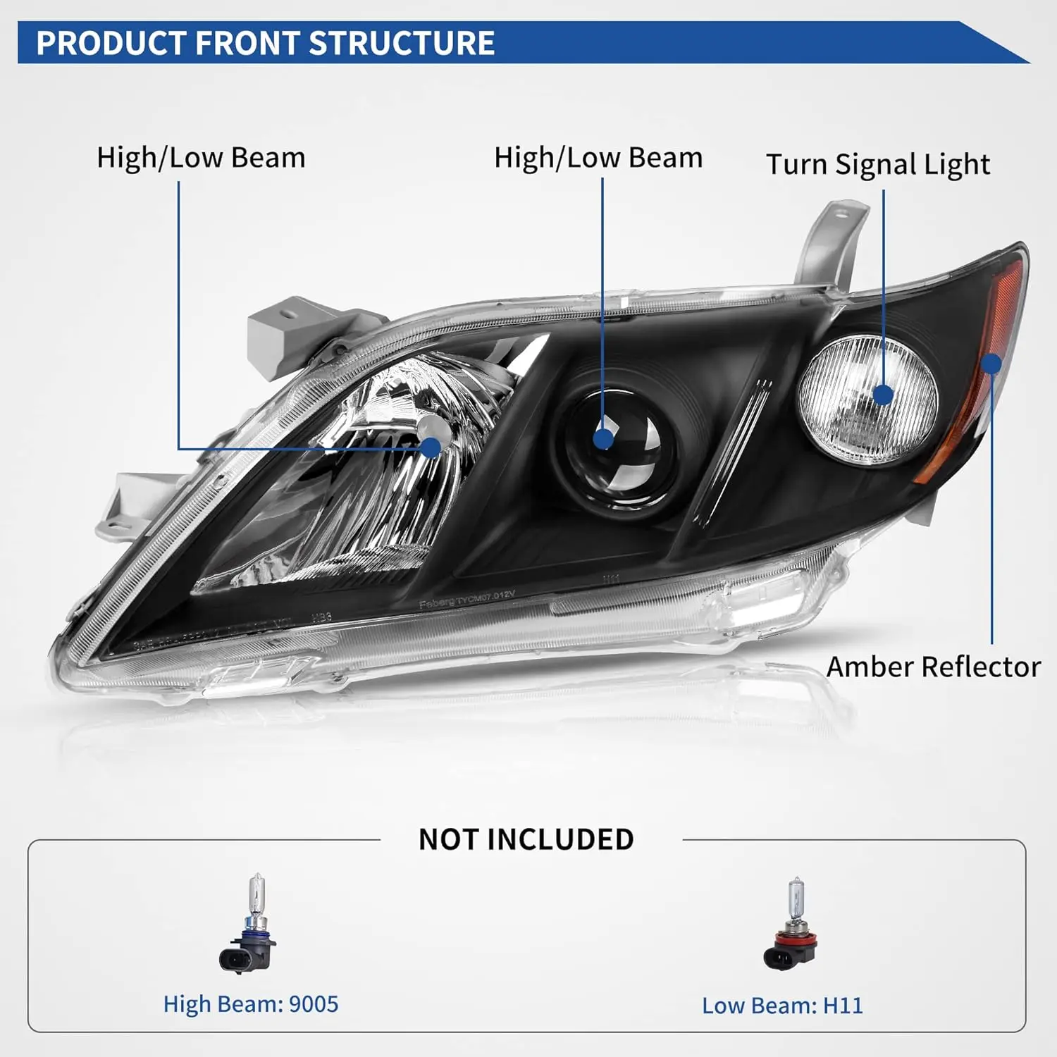 Headlight Assembly Compatible with 2007 2008 2009 Camry Headlamp with Amber Refector Clear Lens Black Housing