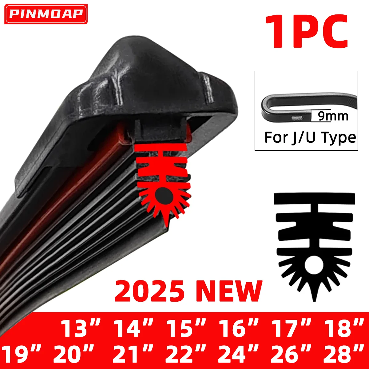 1pc Car Windshield High-Quality Wiper 11 Layer Rubber Strip J/U-Shaped 3 