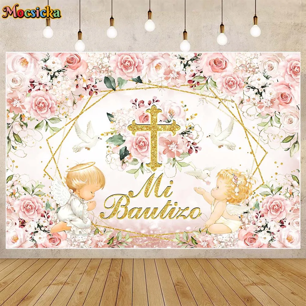 

Mocsicka Baby Baptism Background Girl First Holy Communion Party Decor Backdrop Flowers Angel Cross Photoshoot Mi Bautizo Banner