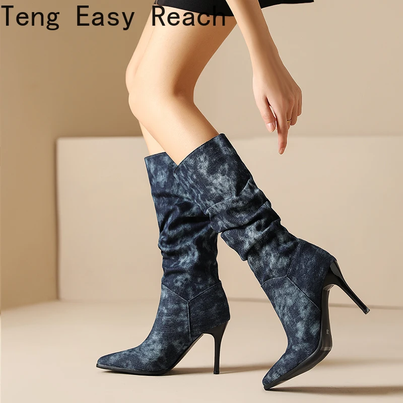 Blue Denim Knee High Cowboy Boots for Women 2023 Autumn Pleated High Heels Long Boots Woman Stiletto Heeled Jeans Botas Shoes